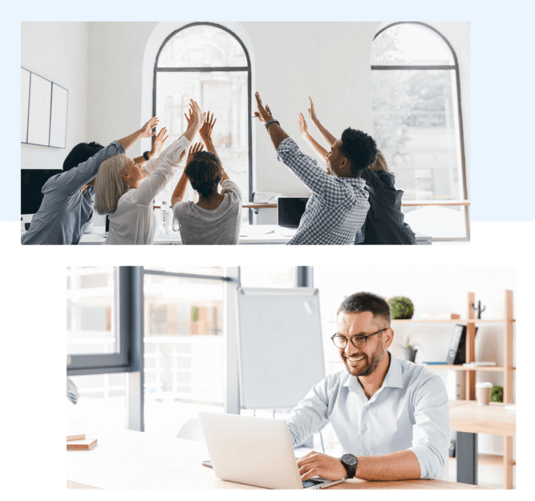 Two screens: one showing a group of happy employees celebrating their success, and the second screen showing one employee happily in his office in front of his PC