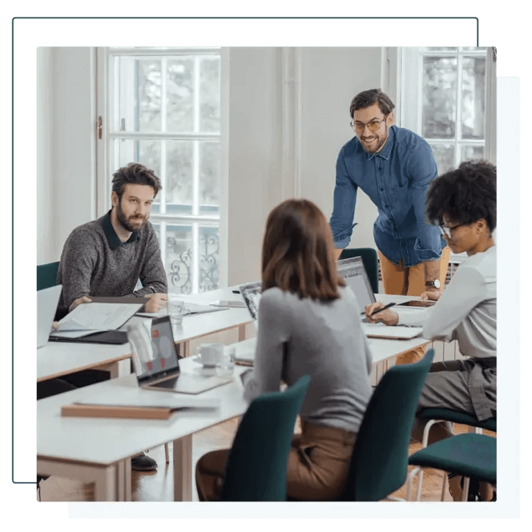 Office team members engaged in professional communication