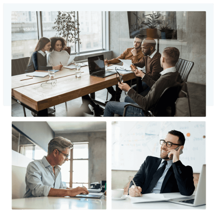 Different perspectives of coworkers collaborating on tasks