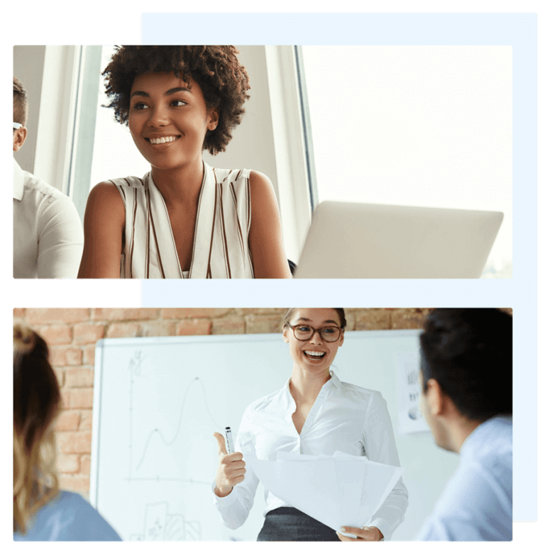 Two screens: one showing a happy student smiling in front of her laptop, and the second screen showing a teacher with two students in an office
