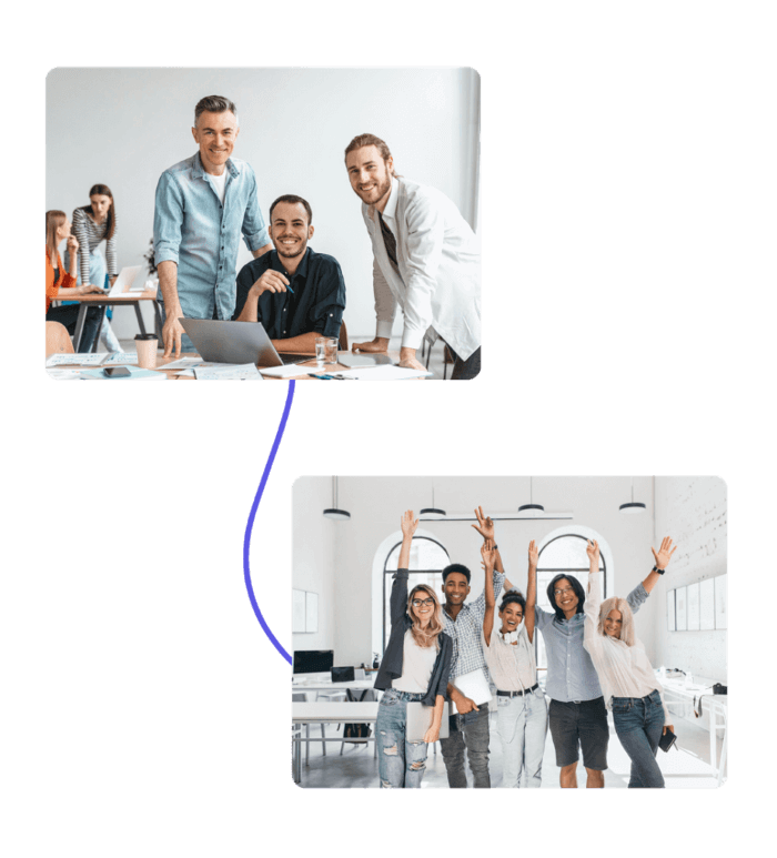 Two happy business team employees on two different screens