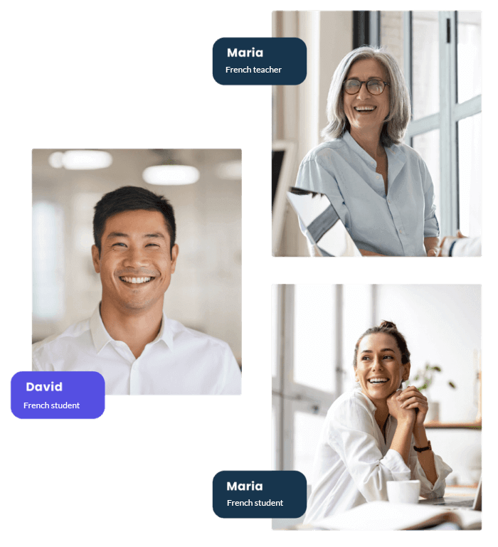 Three separate screens showing a teacher and two students